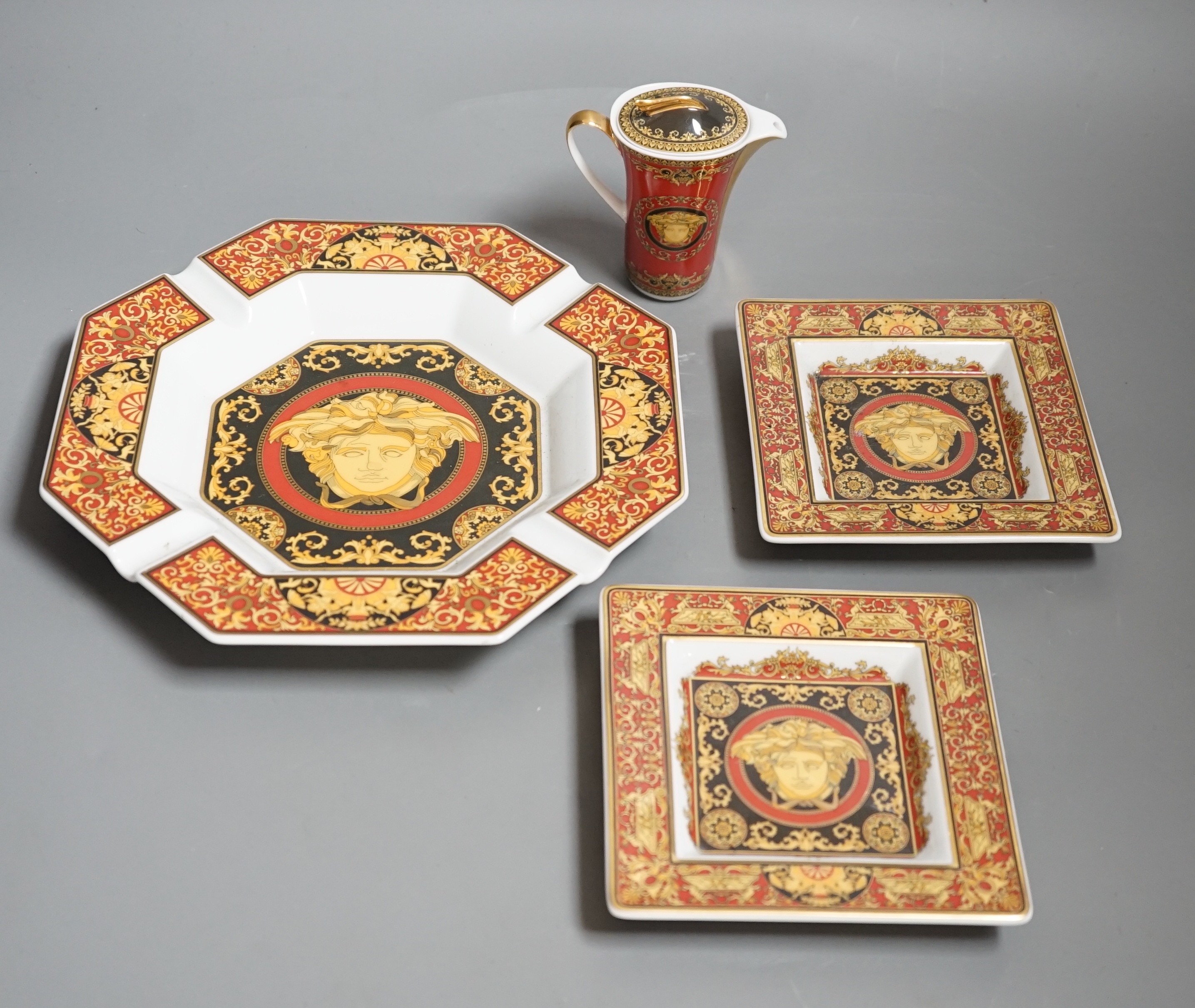 Rosenthal for Versace. A Medusa pattern ashtray, a pair of square dishes and a small jug